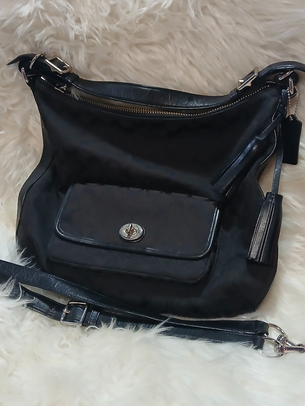 Coach Black Signature Canvas Shoulder Bag with Front Turnlock Pocket